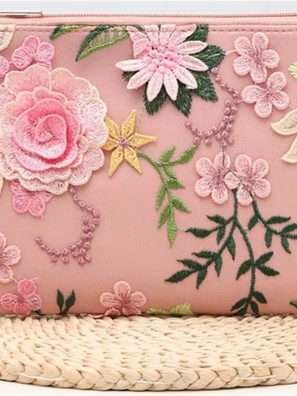 Women's Pink Floral Appliquéd  Clutch Bag